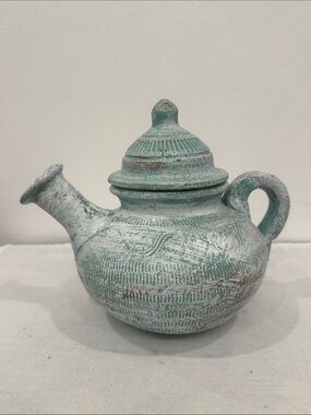 Vintage Textured Ceramic Teapot Art Pottery Distressed Teal Green Boho Decorativ